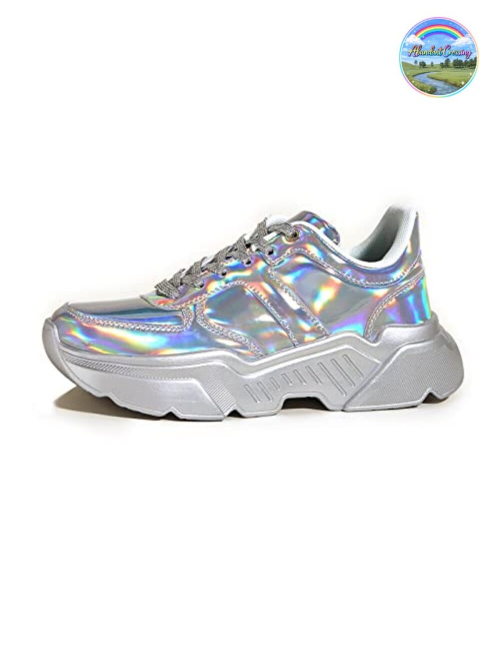 Platform Chunky Sneakers Metallic Iridescent Faux Leather Lace Up Walking
